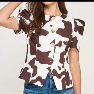 Brown & White Cow Print Puff Sleeve Blouse